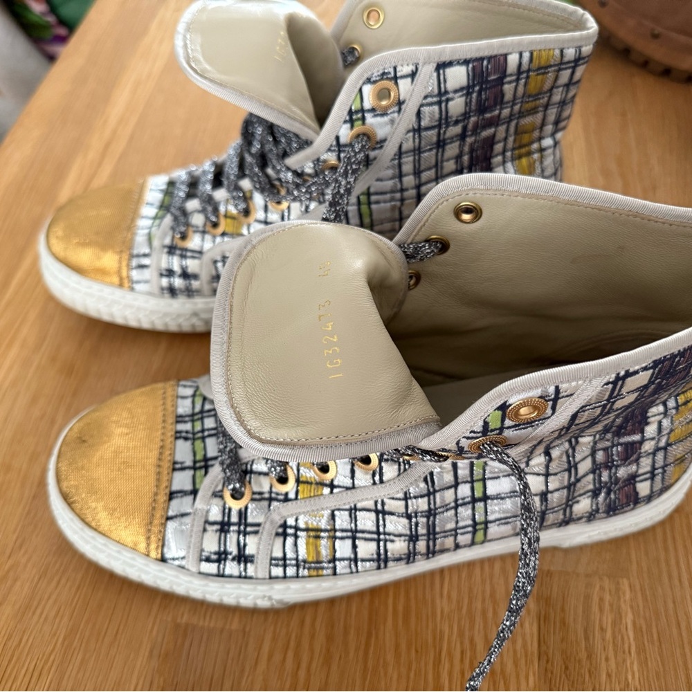 CHANEL Multicolor High-Top Sneakers with Gold Accents
